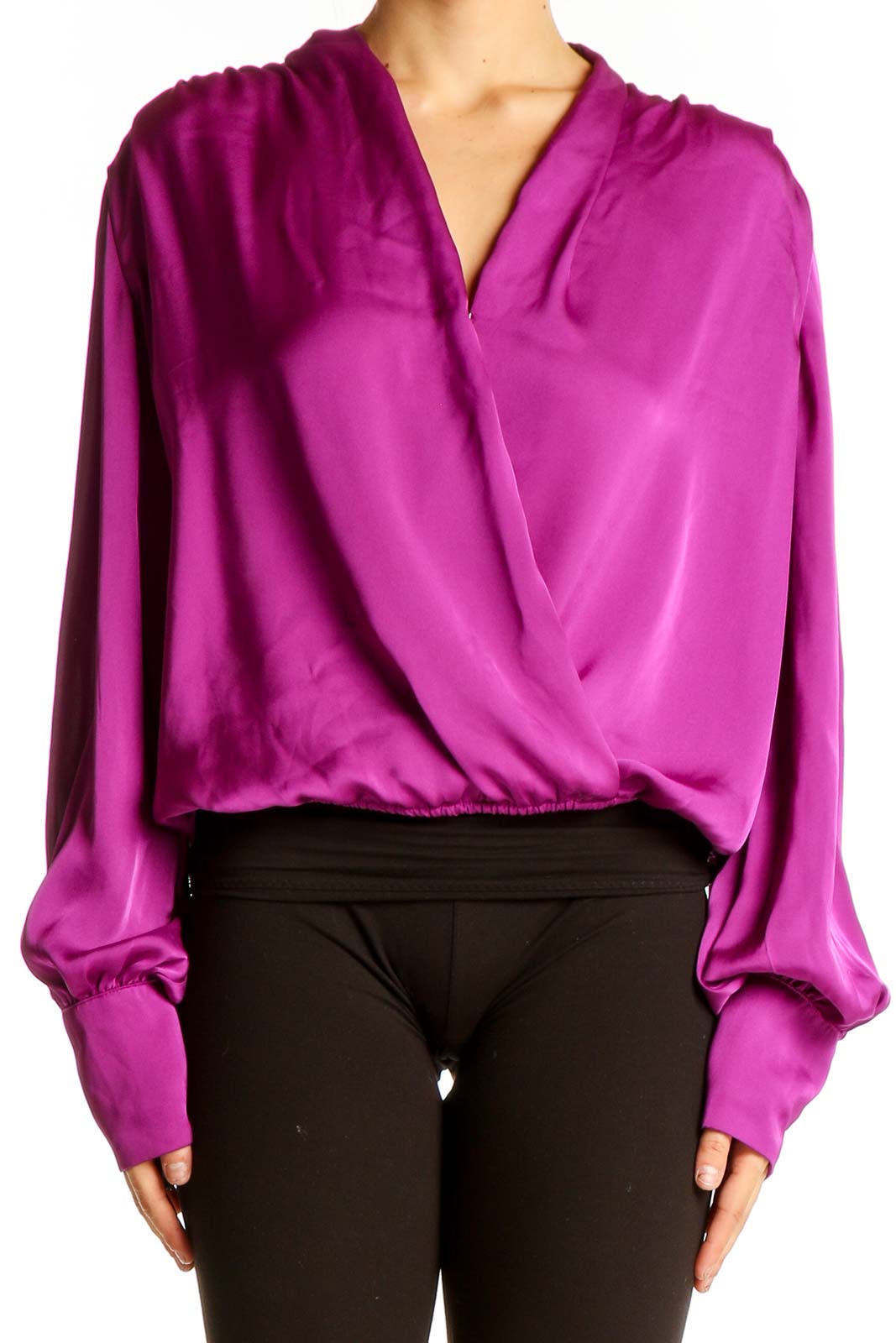 Front view of magenta wrap-style polyester blouse from Express