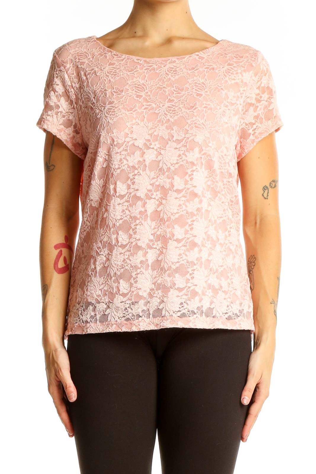 Front view of Kate Hill pink floral lace short sleeve top