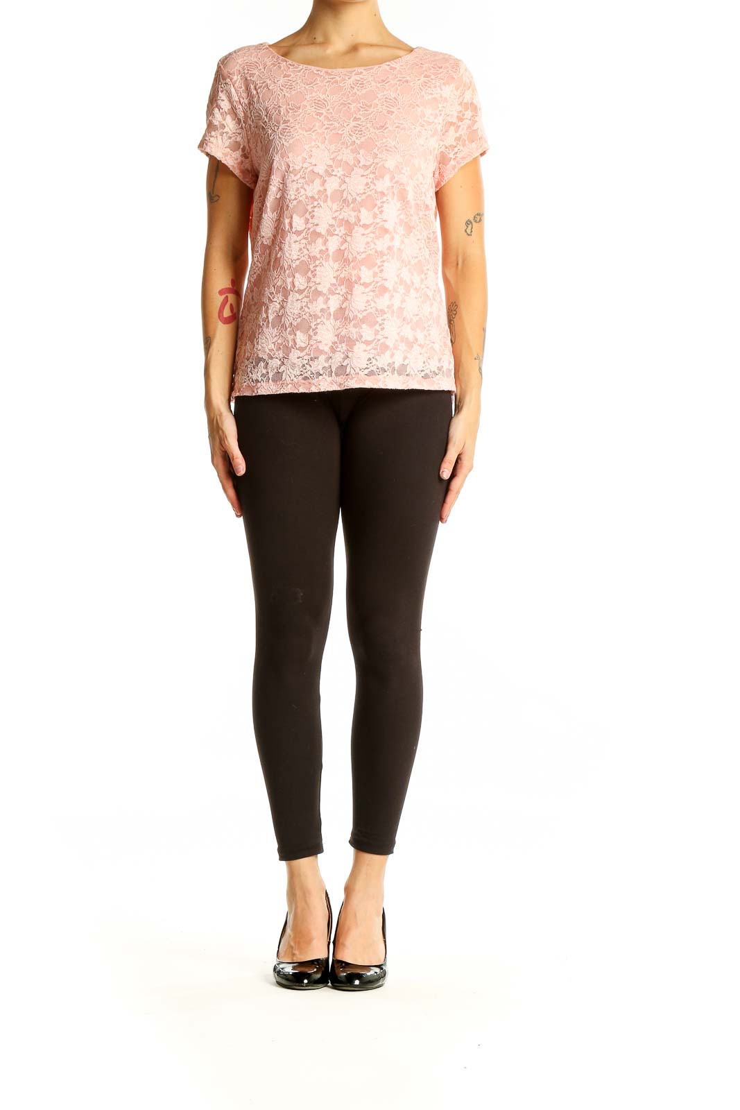 Front view of Kate Hill pink floral lace short sleeve top