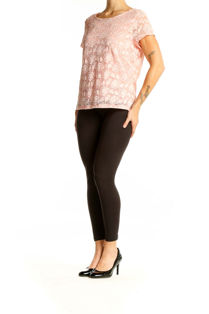 Front view of Kate Hill pink floral lace short sleeve top