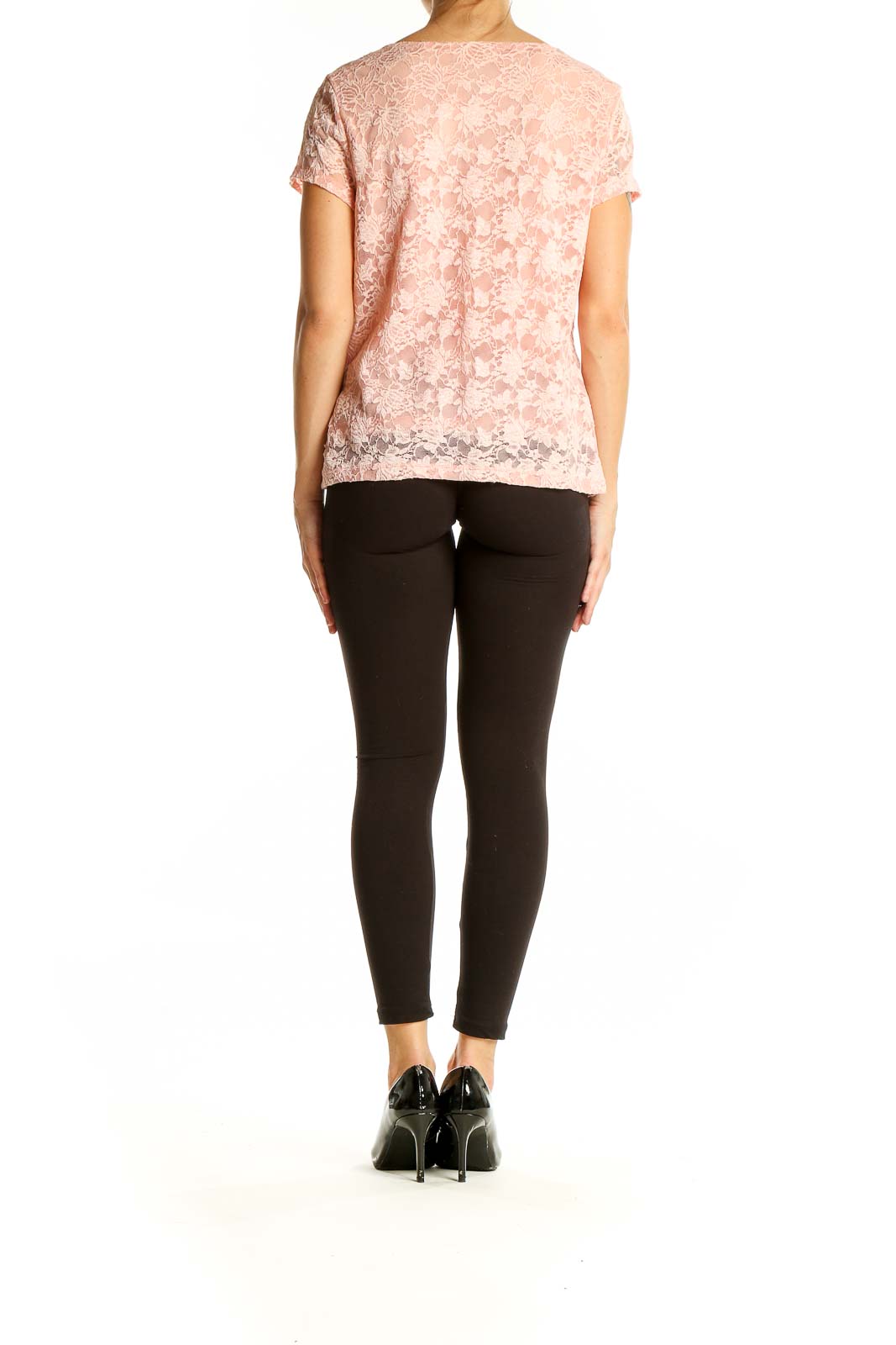 Back view of Kate Hill pink floral lace short sleeve top