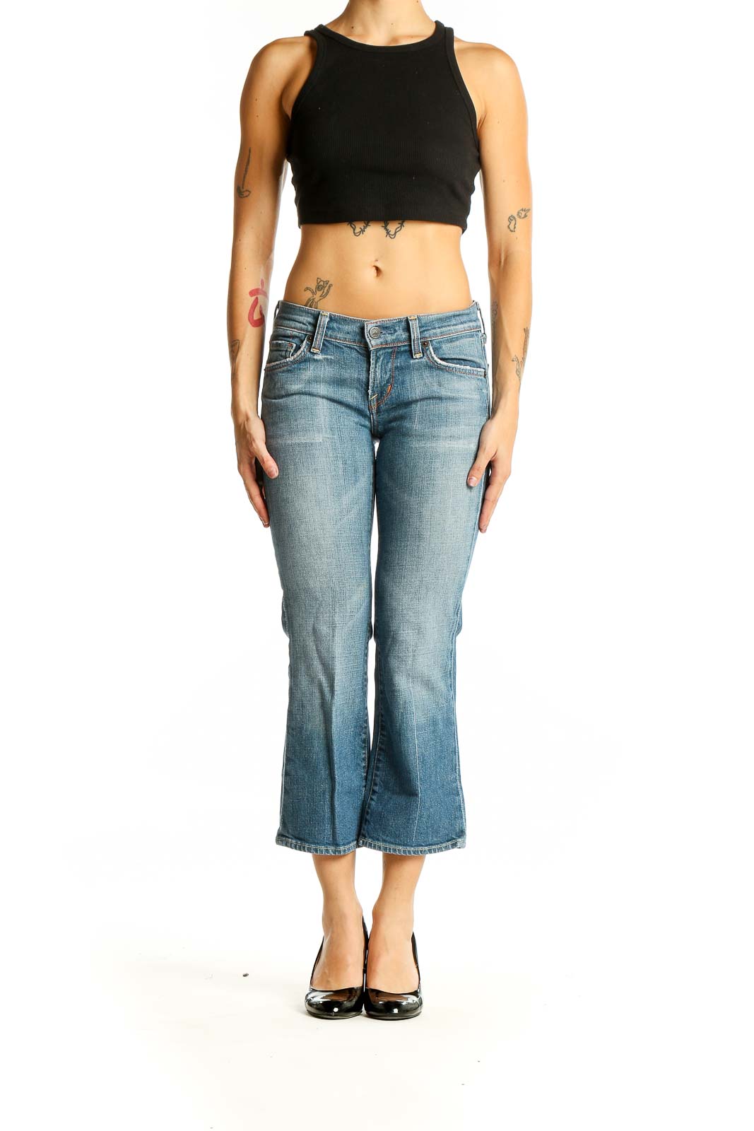 Front view of Citizens of Humanity light blue cropped flare jeans on model