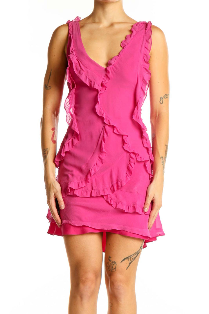 Front view of hot pink ruffled mini dress by BCBG MaxAzria