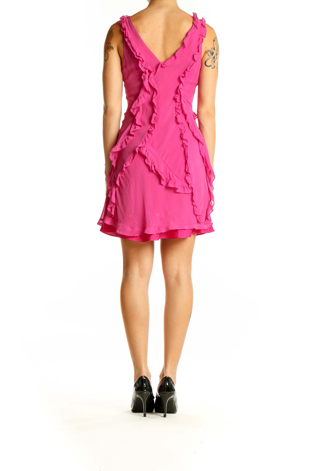 Back view of hot pink ruffled mini dress by BCBG MaxAzria