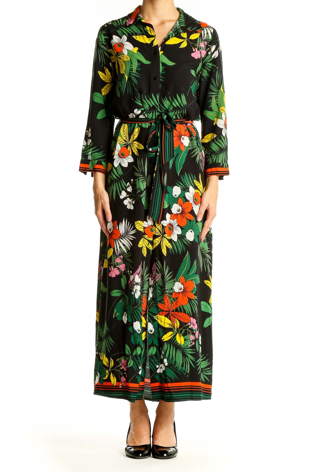 Front view of Q2 Collection black maxi dress with tropical floral print