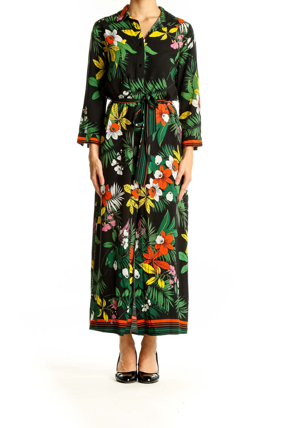 Front view of Q2 Collection black maxi dress with tropical floral print