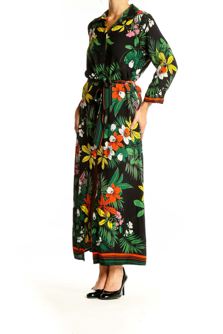 Front view of Q2 Collection black maxi dress with tropical floral print