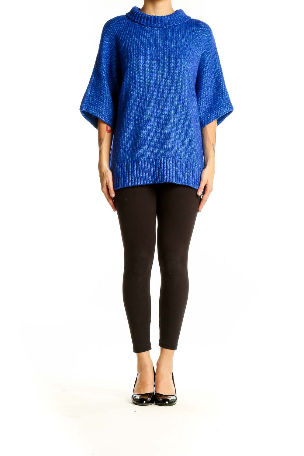 Front view of blue oversized knit sweater from Club Monaco