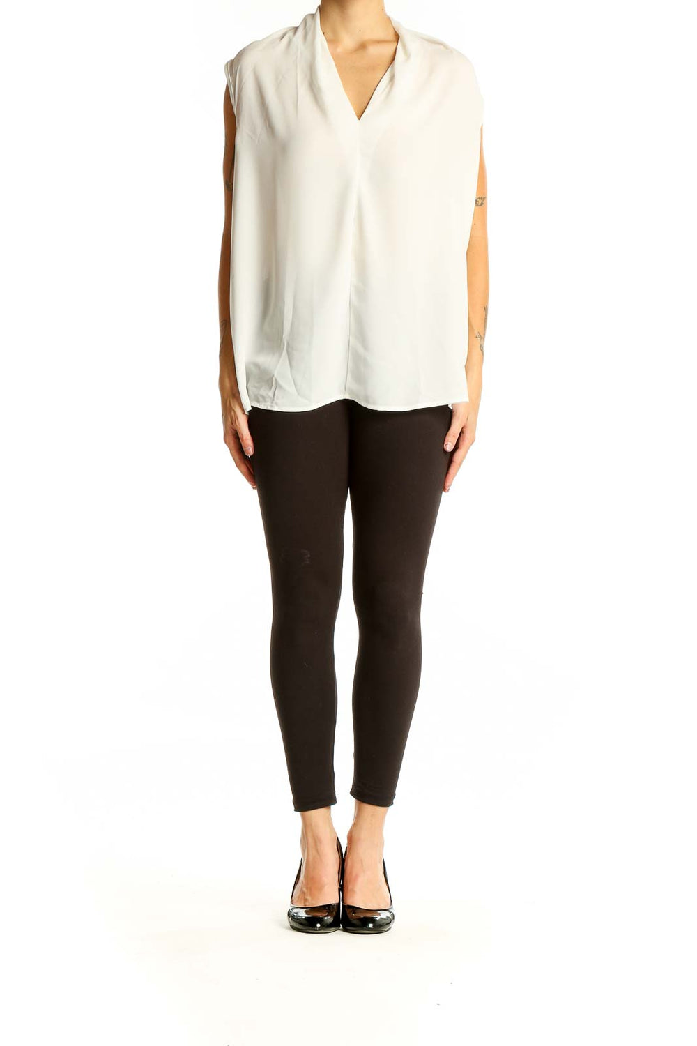 Front view of white sleeveless V-neck blouse by Renee C.