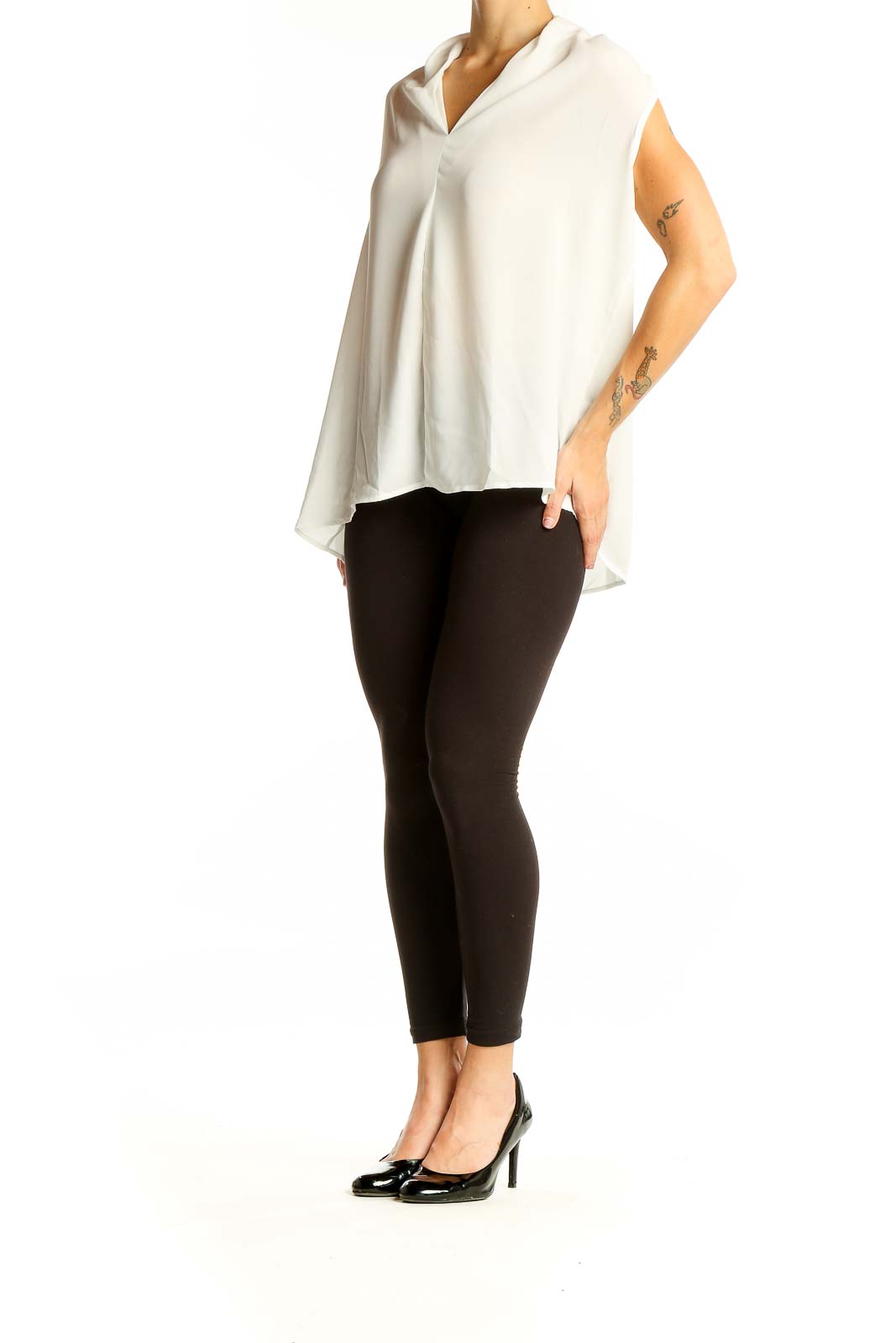 Front view of white sleeveless V-neck blouse by Renee C.