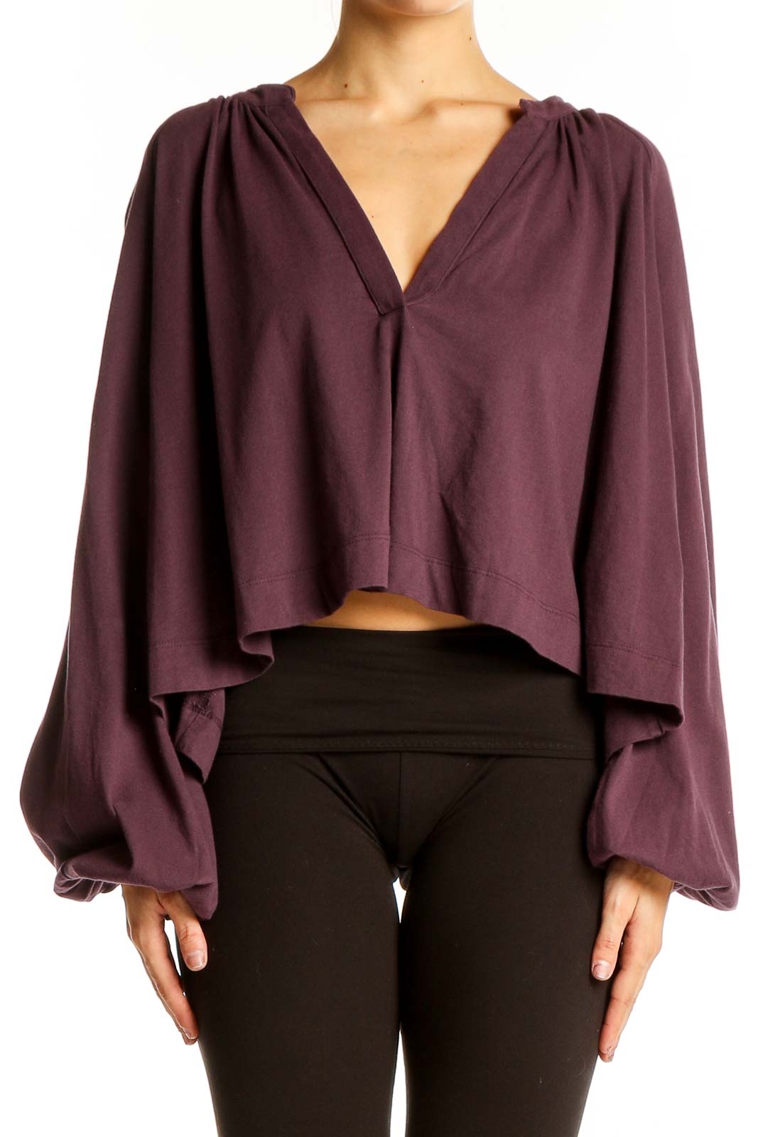 Front view of Maeve plum cotton crop top with V-neck and balloon sleeves