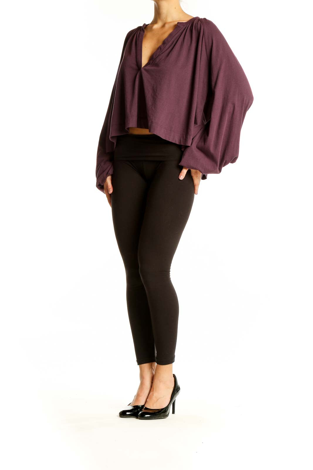 Front view of Maeve plum cotton crop top with V-neck and balloon sleeves