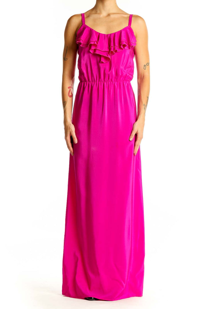 Front view of Amanda Uprichard hot pink silk maxi dress with ruffled neckline