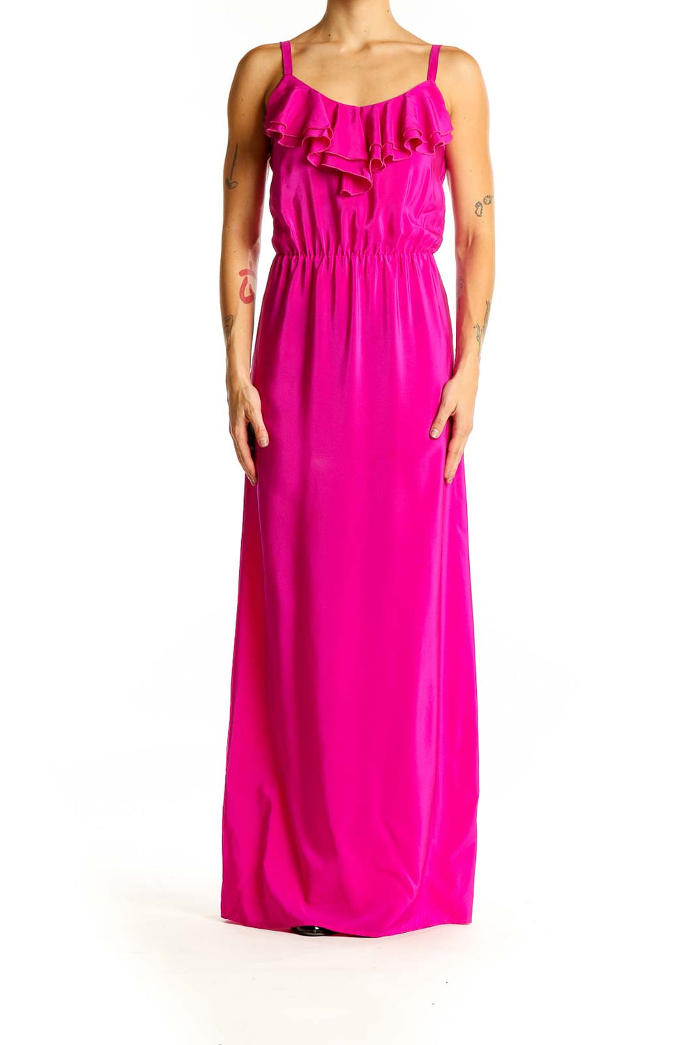 Front view of Amanda Uprichard hot pink silk maxi dress with ruffled neckline