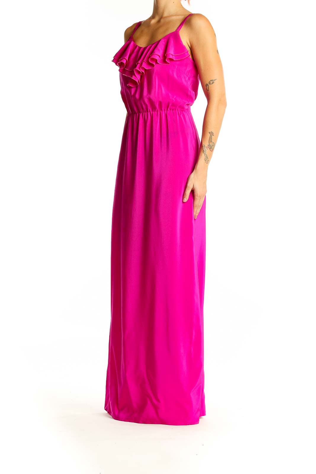 Front view of Amanda Uprichard hot pink silk maxi dress with ruffled neckline