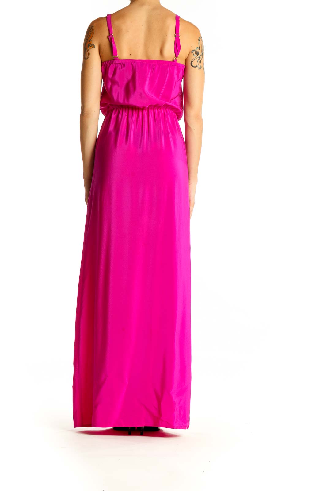 Back view of Amanda Uprichard hot pink silk maxi dress showing spaghetti straps