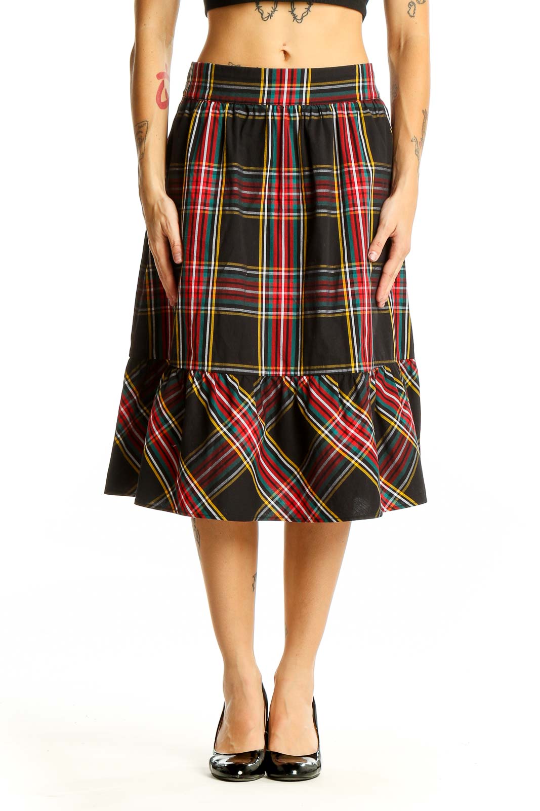 Front view of J.Crew black plaid midi skirt with flounced hem