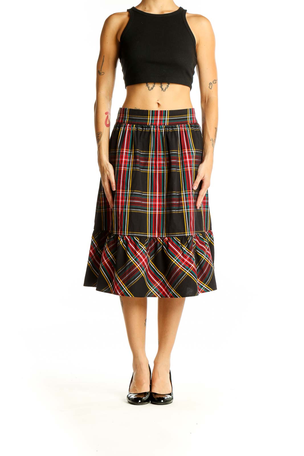 Front view of J.Crew black plaid midi skirt with flounced hem