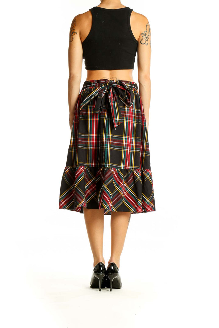 Back view of J.Crew black plaid midi skirt with tie waist