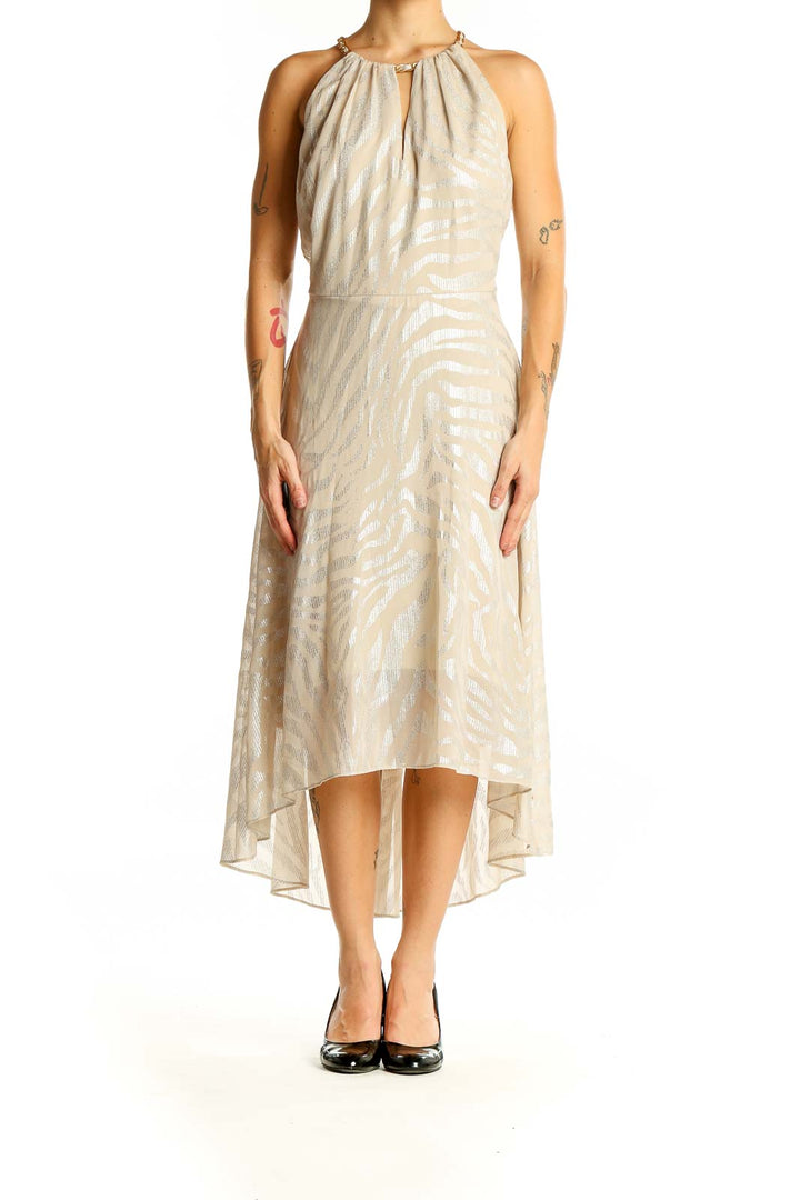 Front view of beige metallic halter neck midi dress from White House Black Market