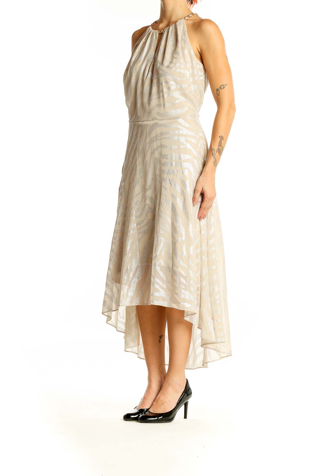 Front view of beige metallic halter neck midi dress from White House Black Market