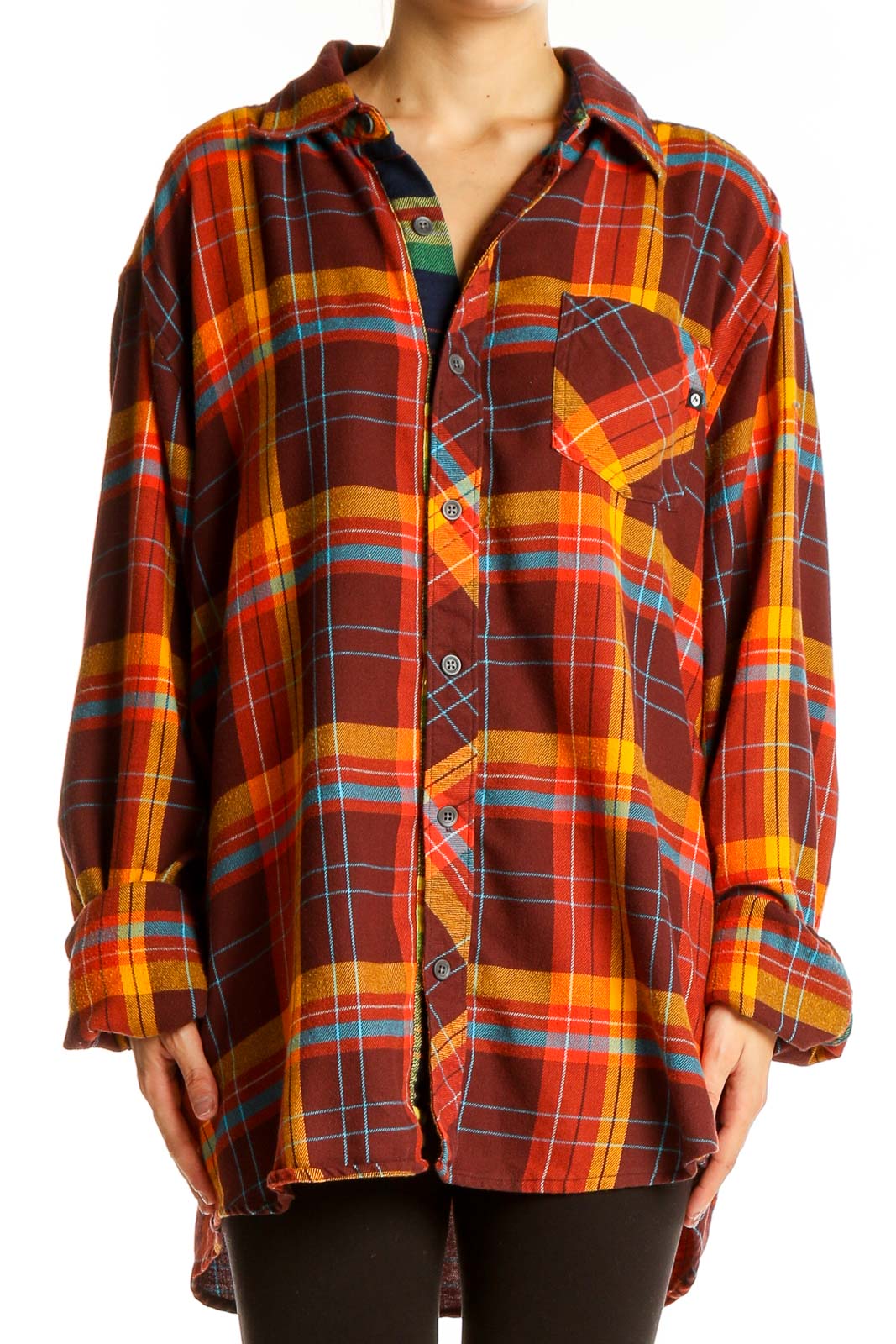 Front view of Marmot orange plaid oversized button-down shirt