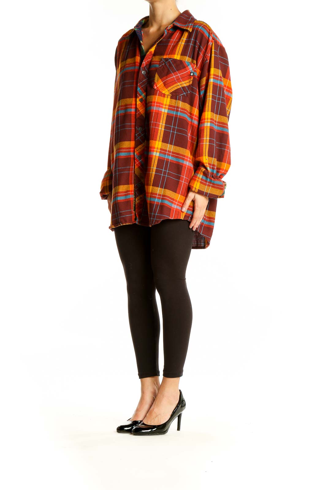 Front view of Marmot orange plaid oversized button-down shirt