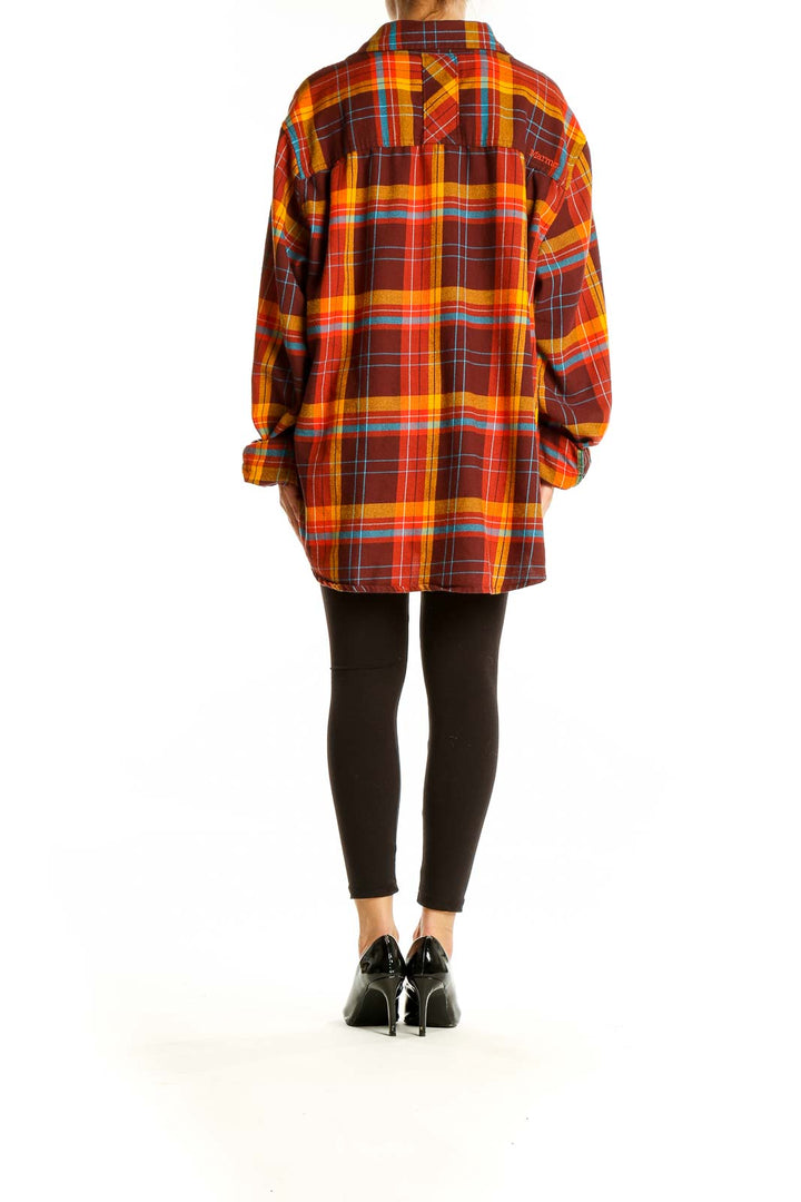 Back view of Marmot orange plaid oversized button-down shirt