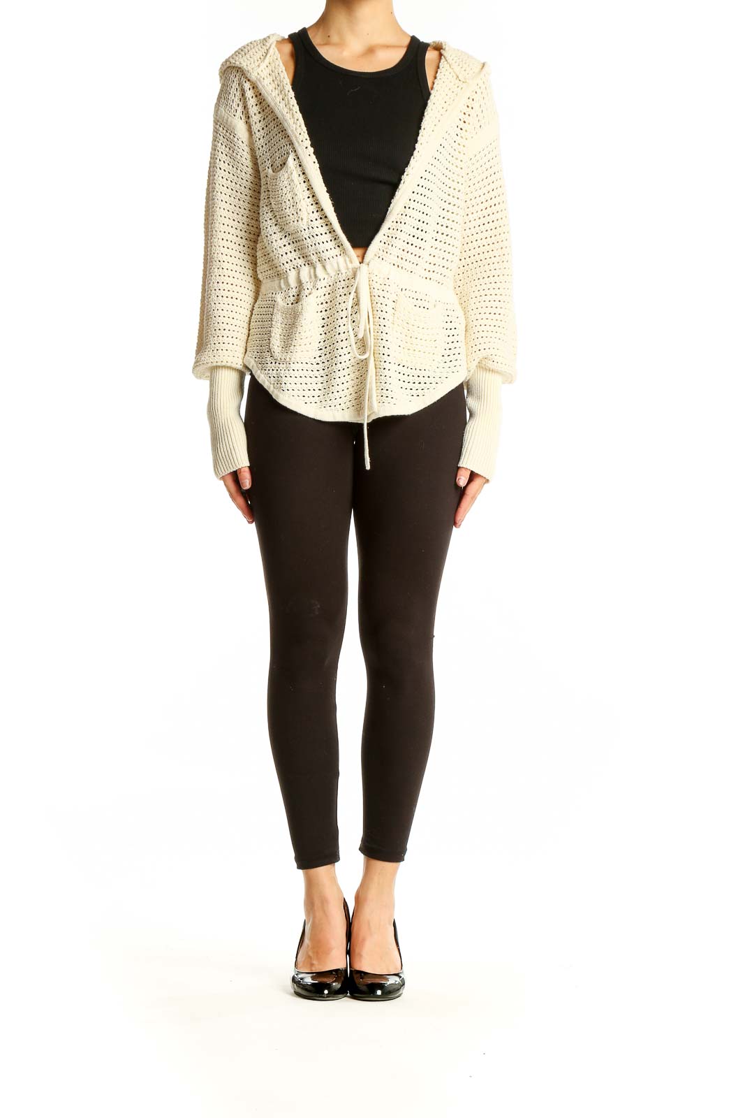 Front view of cream Free People hooded open-knit cardigan with tie closure