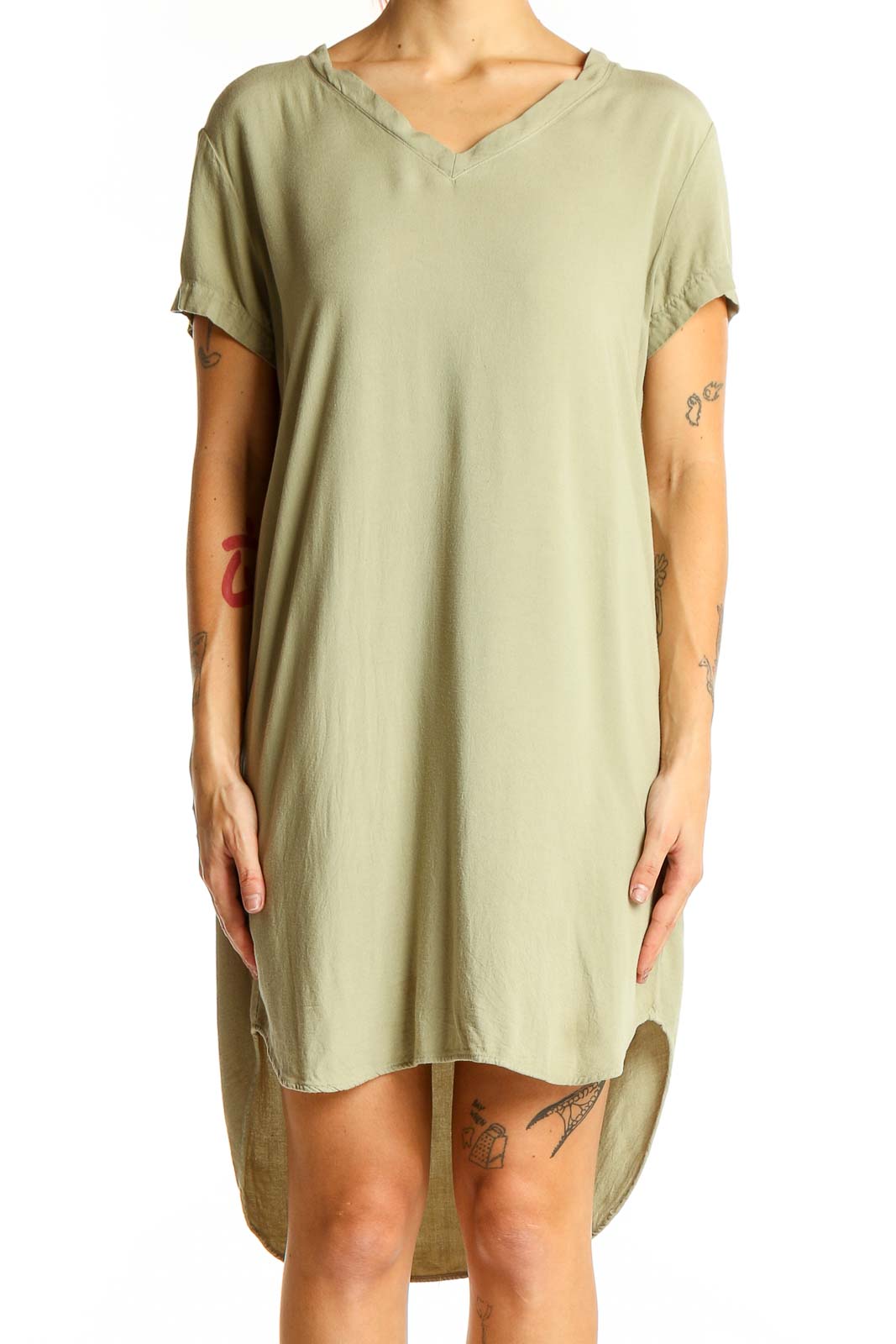 Front view of cloth & stone sage green high-low V-neck dress