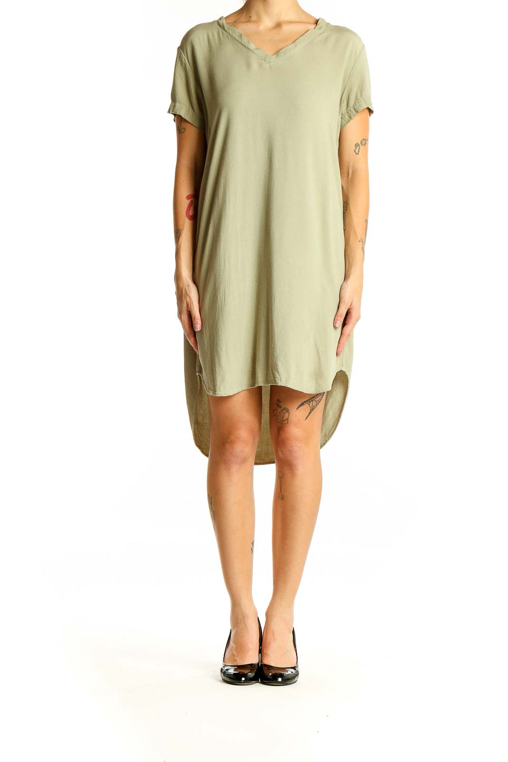 Front view of cloth & stone sage green high-low V-neck dress