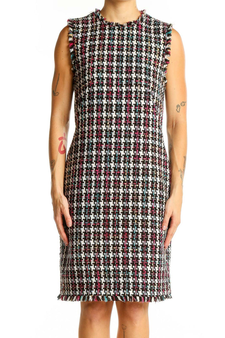 Front view of Charles Henry multicolor plaid tweed sleeveless dress