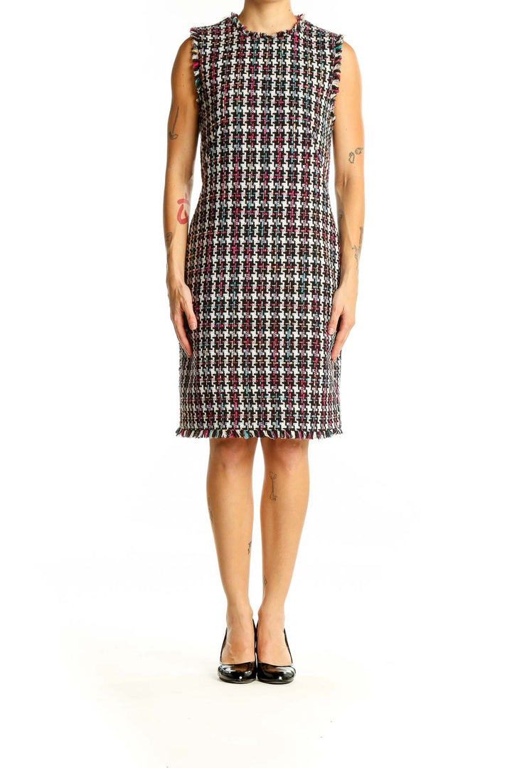 Front view of Charles Henry multicolor plaid tweed sleeveless dress