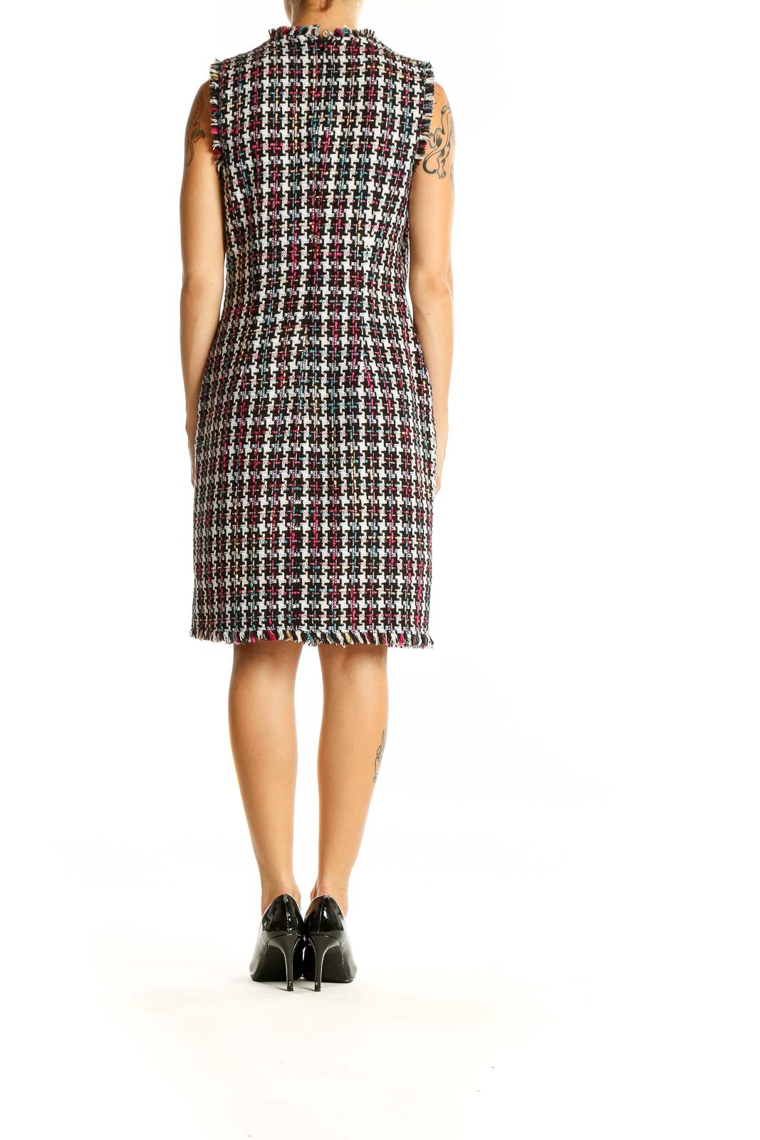 Back view of Charles Henry multicolor plaid tweed sleeveless dress