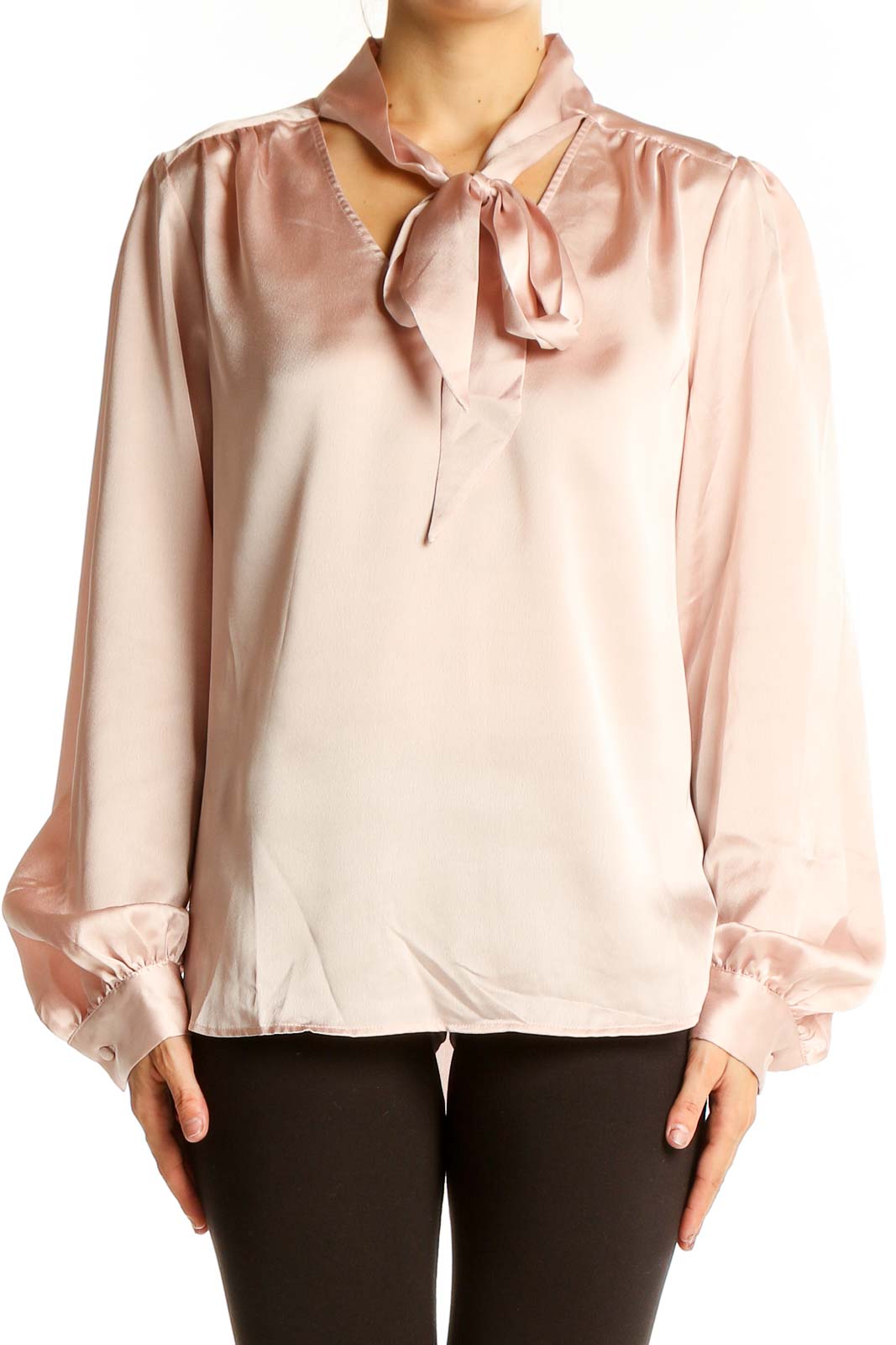 Front view of blush pink satin tie-neck blouse by LAUNDRY by SHELLI SEGAL