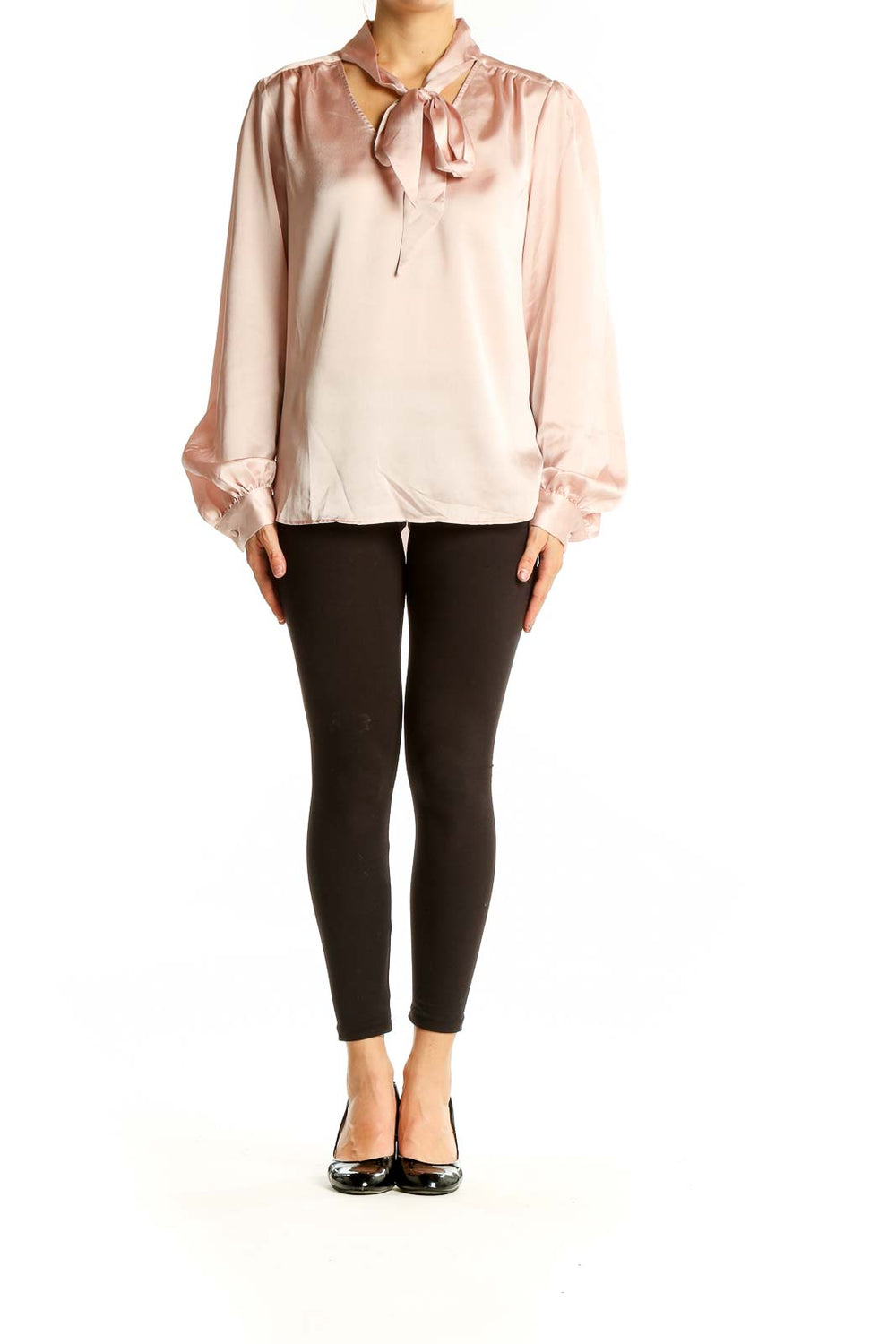 Front view of blush pink satin tie-neck blouse by LAUNDRY by SHELLI SEGAL