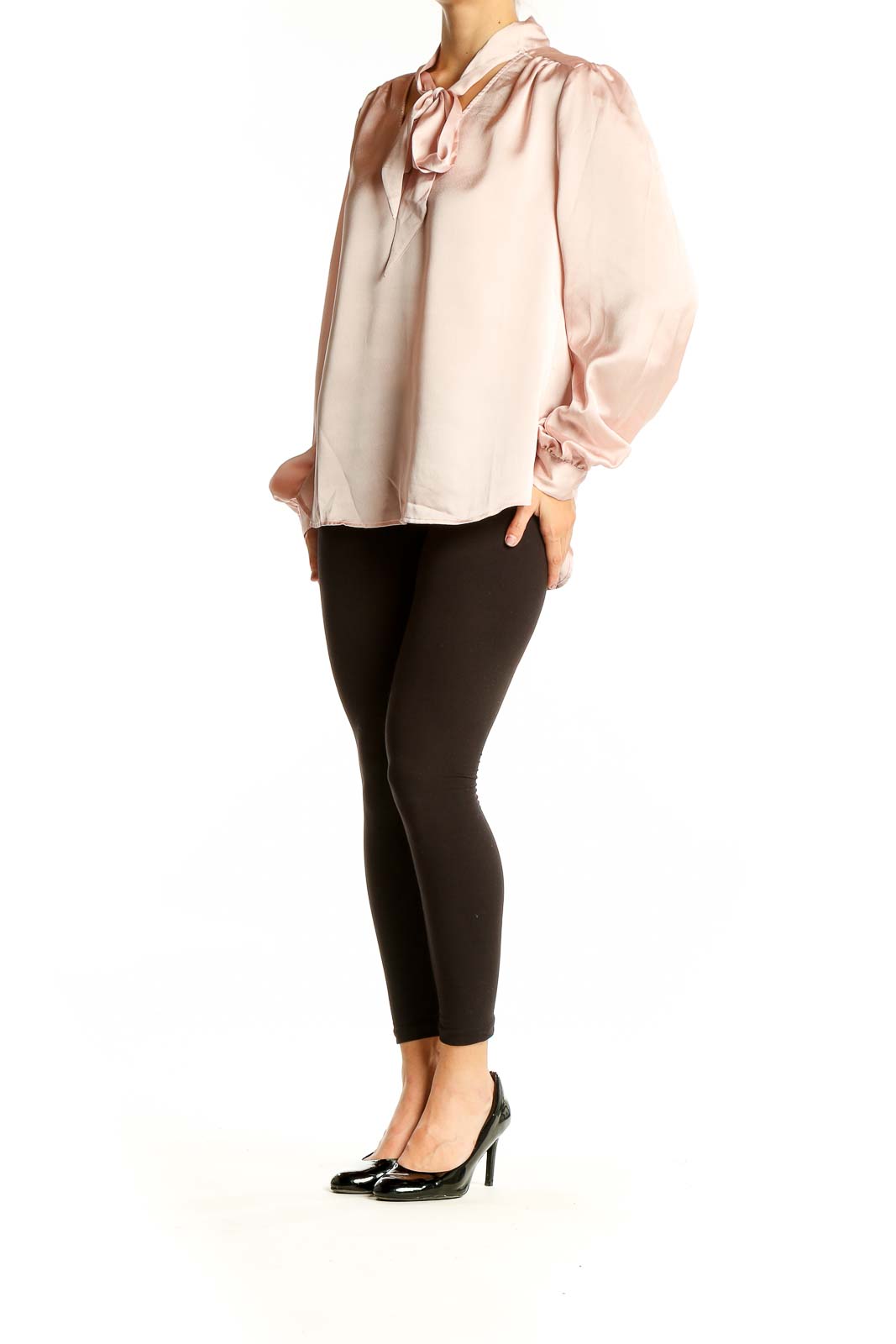 Front view of blush pink satin tie-neck blouse by LAUNDRY by SHELLI SEGAL