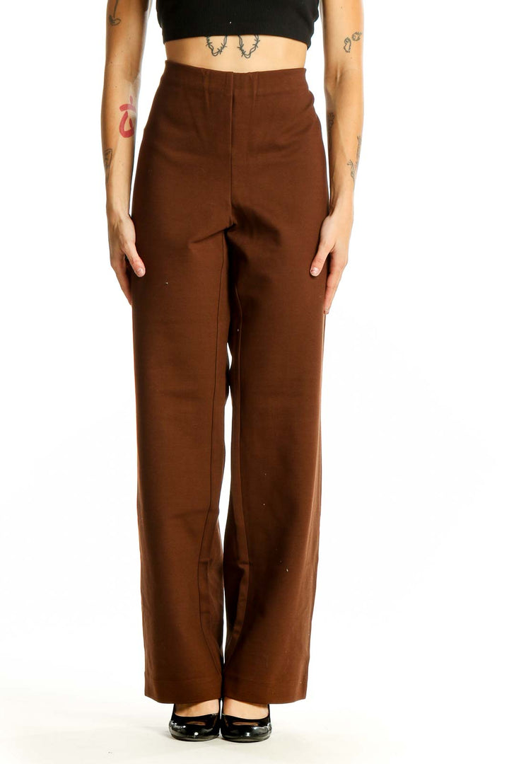 Front view of brown high-waisted wide-leg trousers from Coldwater Creek