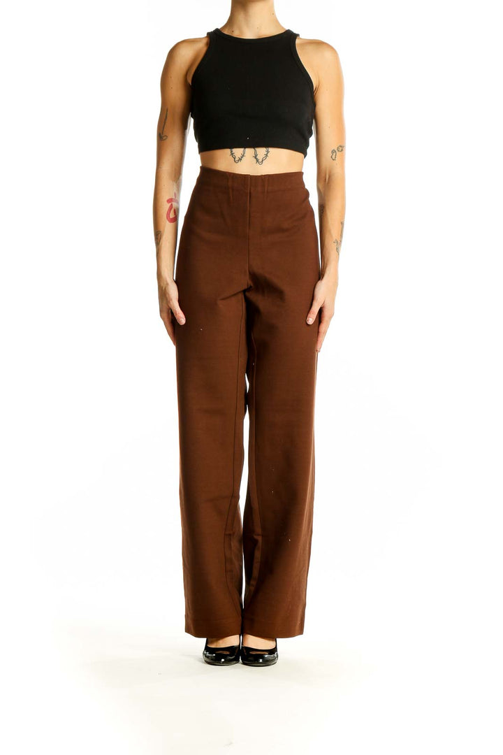 Front view of brown high-waisted wide-leg trousers from Coldwater Creek