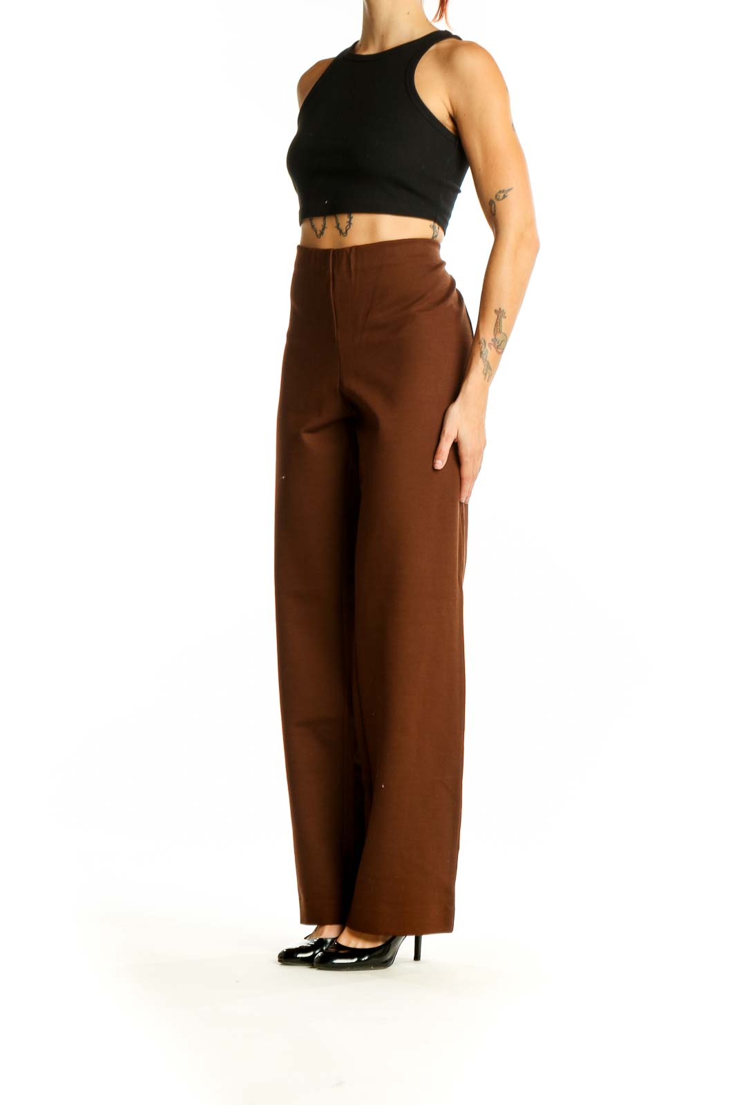 Front view of brown high-waisted wide-leg trousers from Coldwater Creek