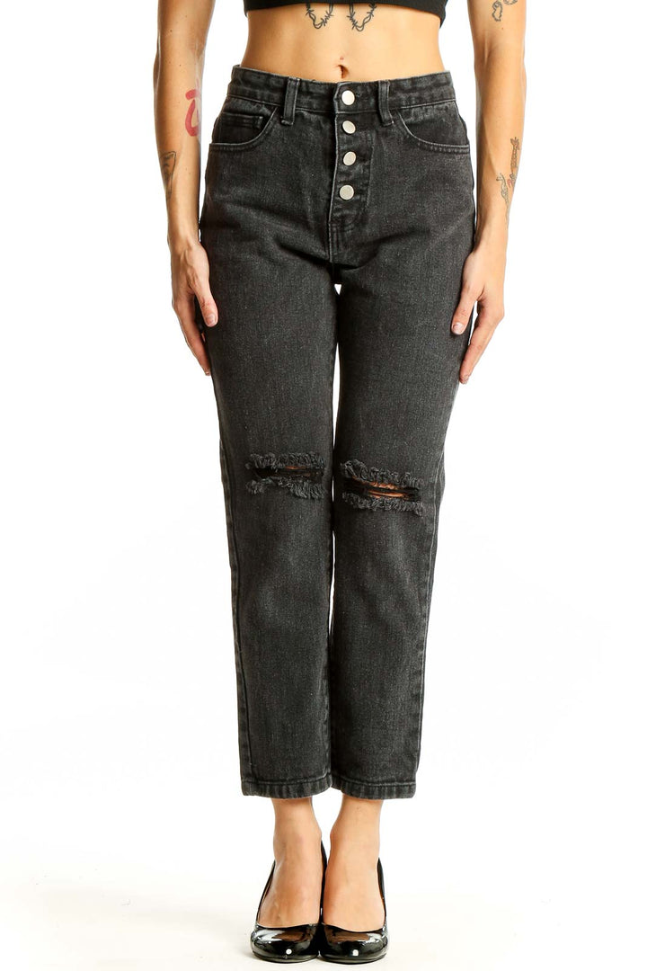 Front view of Princess Polly black distressed high-waisted straight leg jeans with button-fly and knee rips