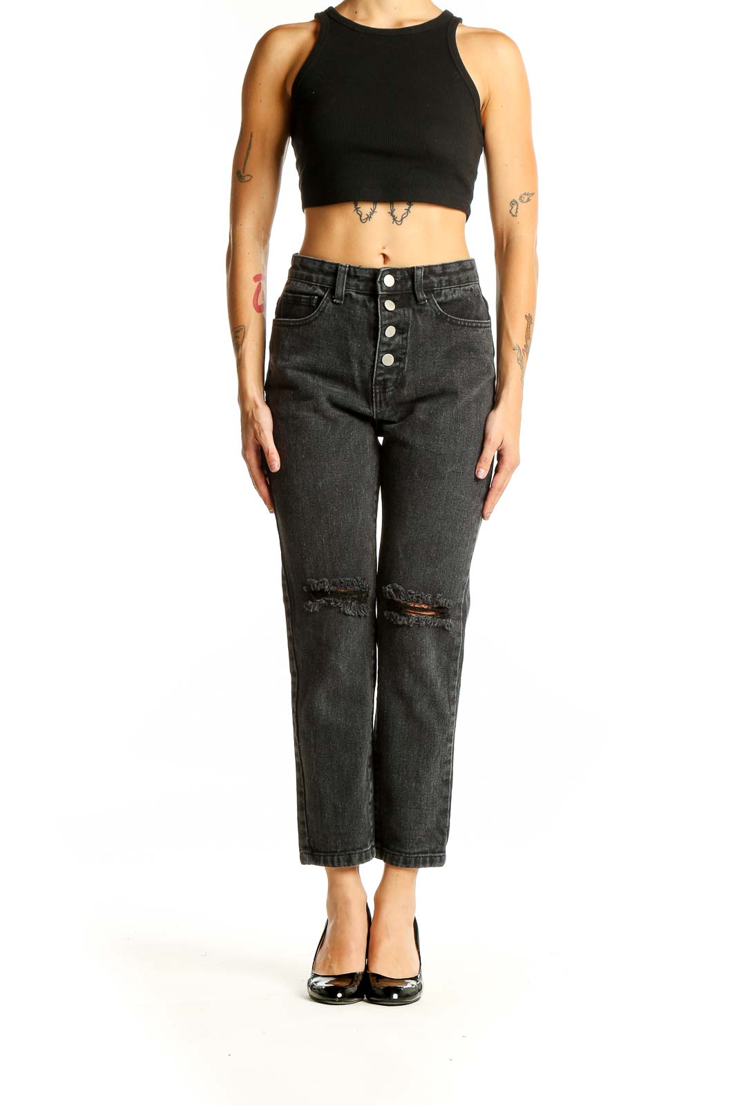 Front view of Princess Polly black distressed high-waisted straight leg jeans with button-fly and knee rips