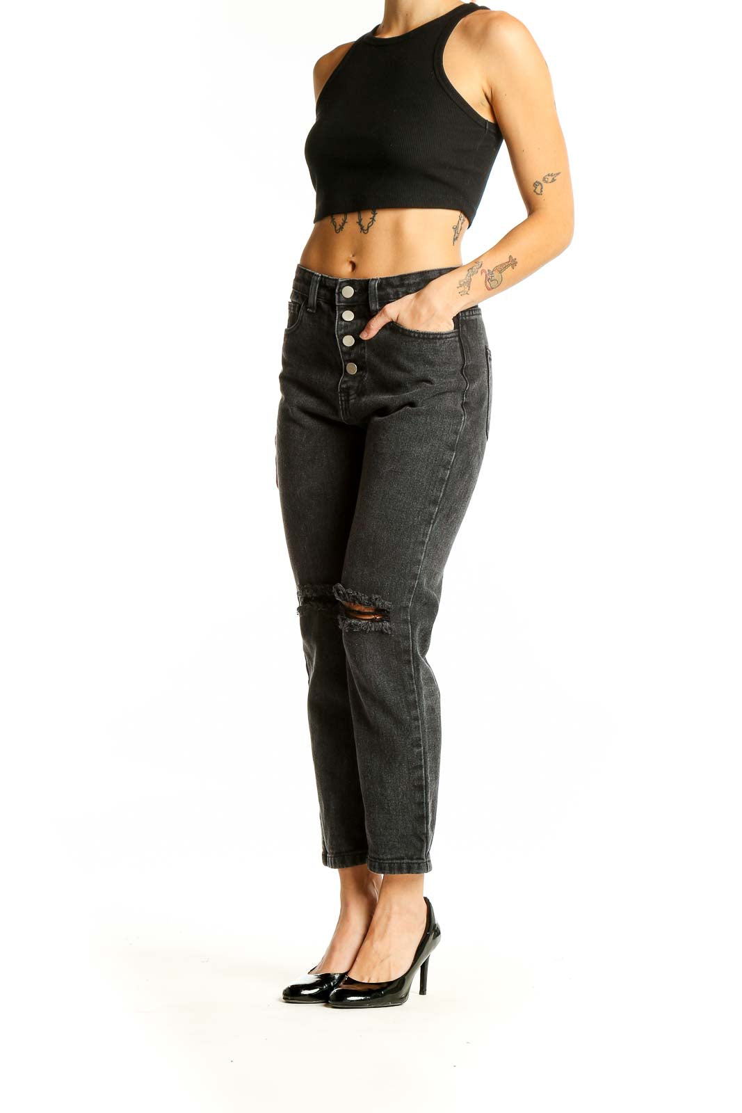 Front view of Princess Polly black distressed high-waisted straight leg jeans with button-fly and knee rips