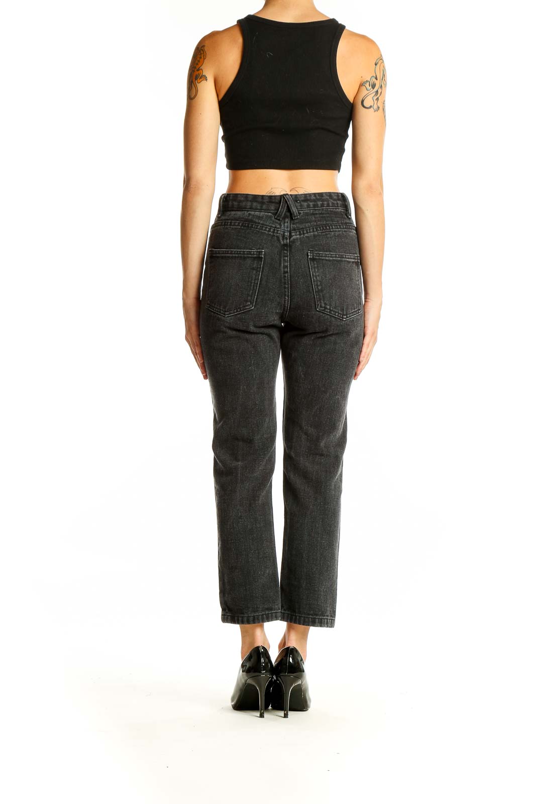 Back view of Princess Polly black distressed high-waisted straight leg jeans showing rear pockets