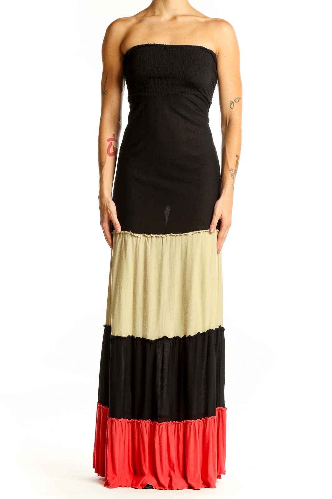 Front view of American Rag Cie black colorblock strapless maxi dress