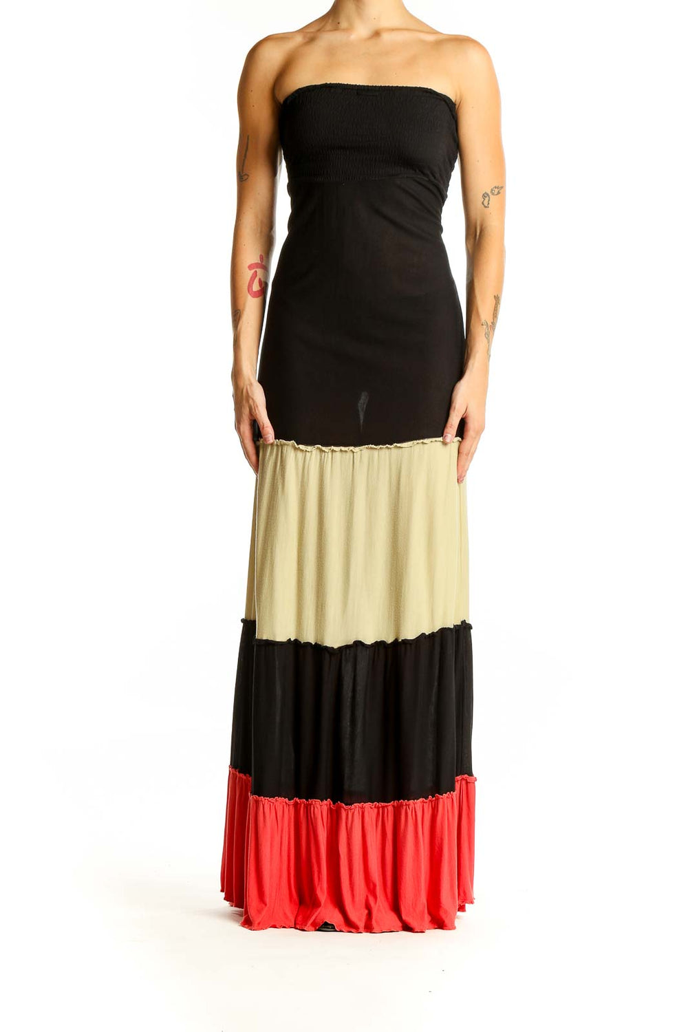 Front view of American Rag Cie black colorblock strapless maxi dress