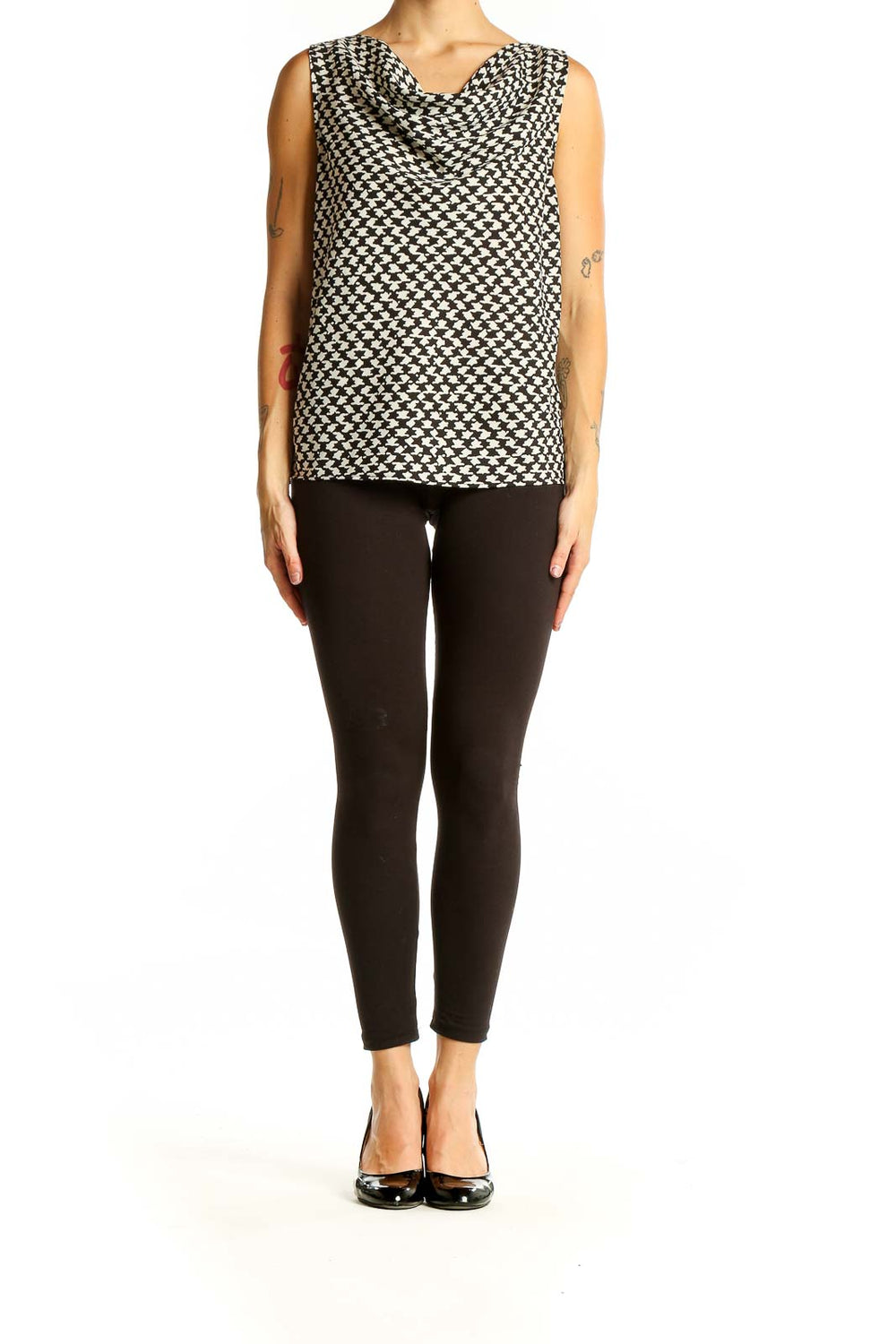 Front view of Ann Taylor LOFT Petites black and white houndstooth sleeveless blouse with cowl neck