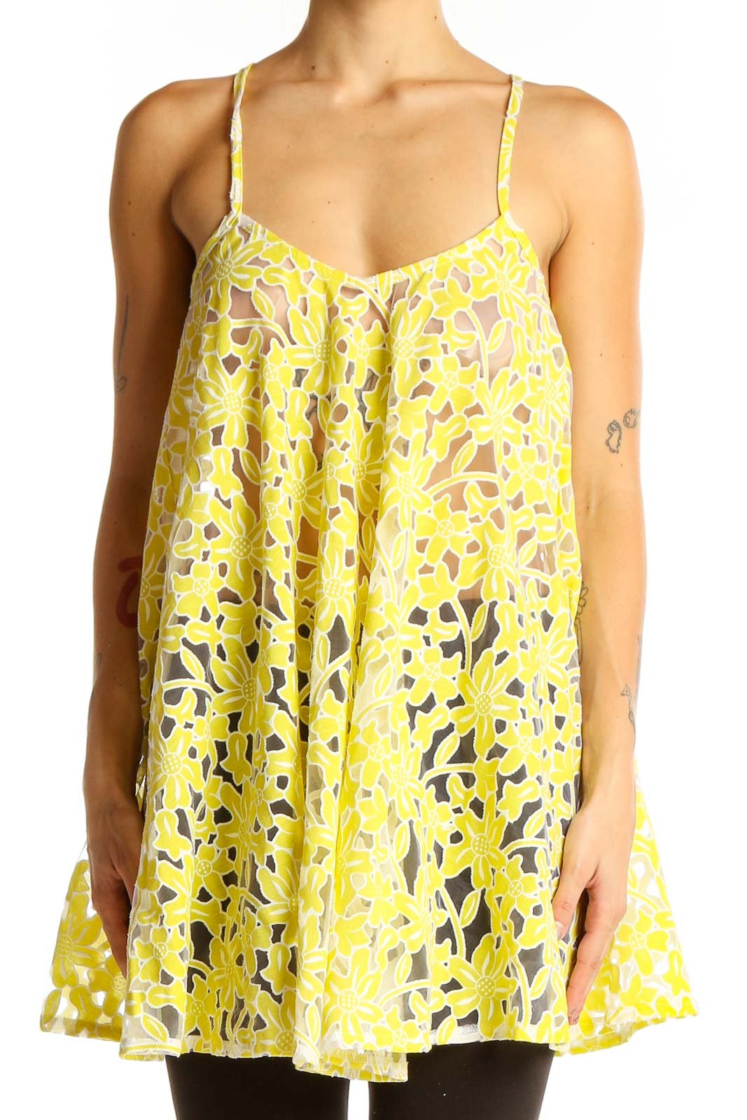 Front view of yellow floral lace swing cami top from ASOS