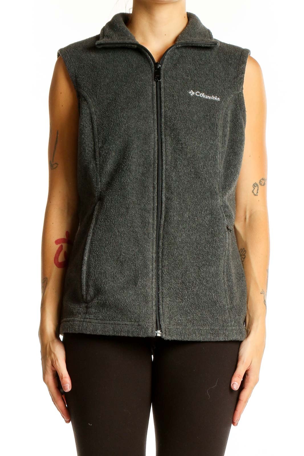 Front view of Columbia charcoal gray fleece vest with full-zip closure