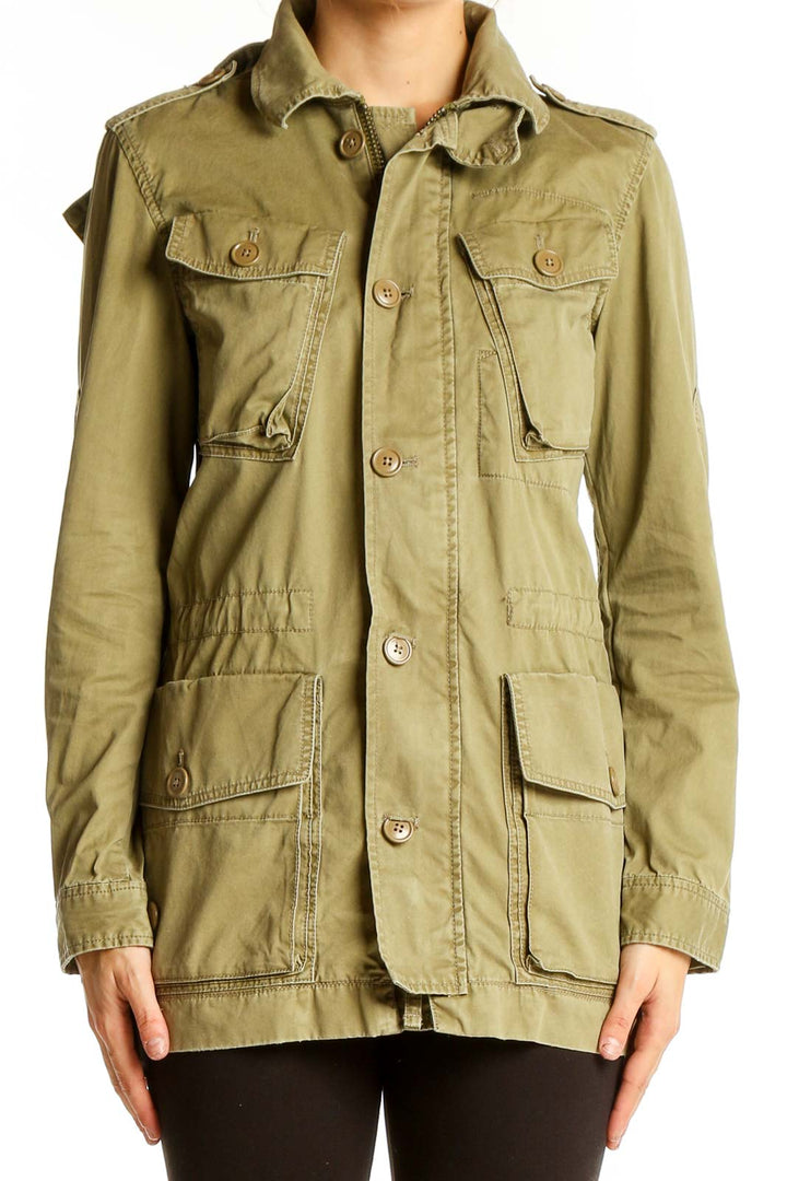 Front view of J.Crew olive military-inspired cotton jacket with multiple pockets